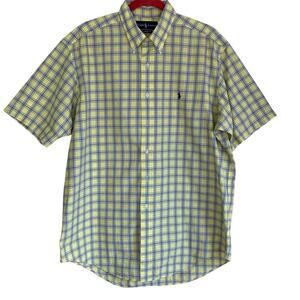 Ralph Lauren Mens Classic Fit Short Sleeve Button Down Shirt Yellow Green Sz L